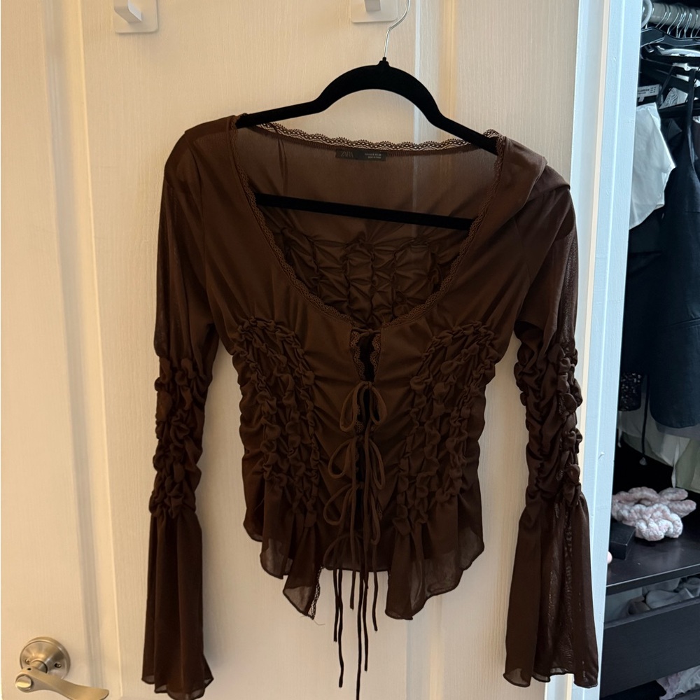 ZARA Brown Ruched Tie-Front Women’s Top (never worn)